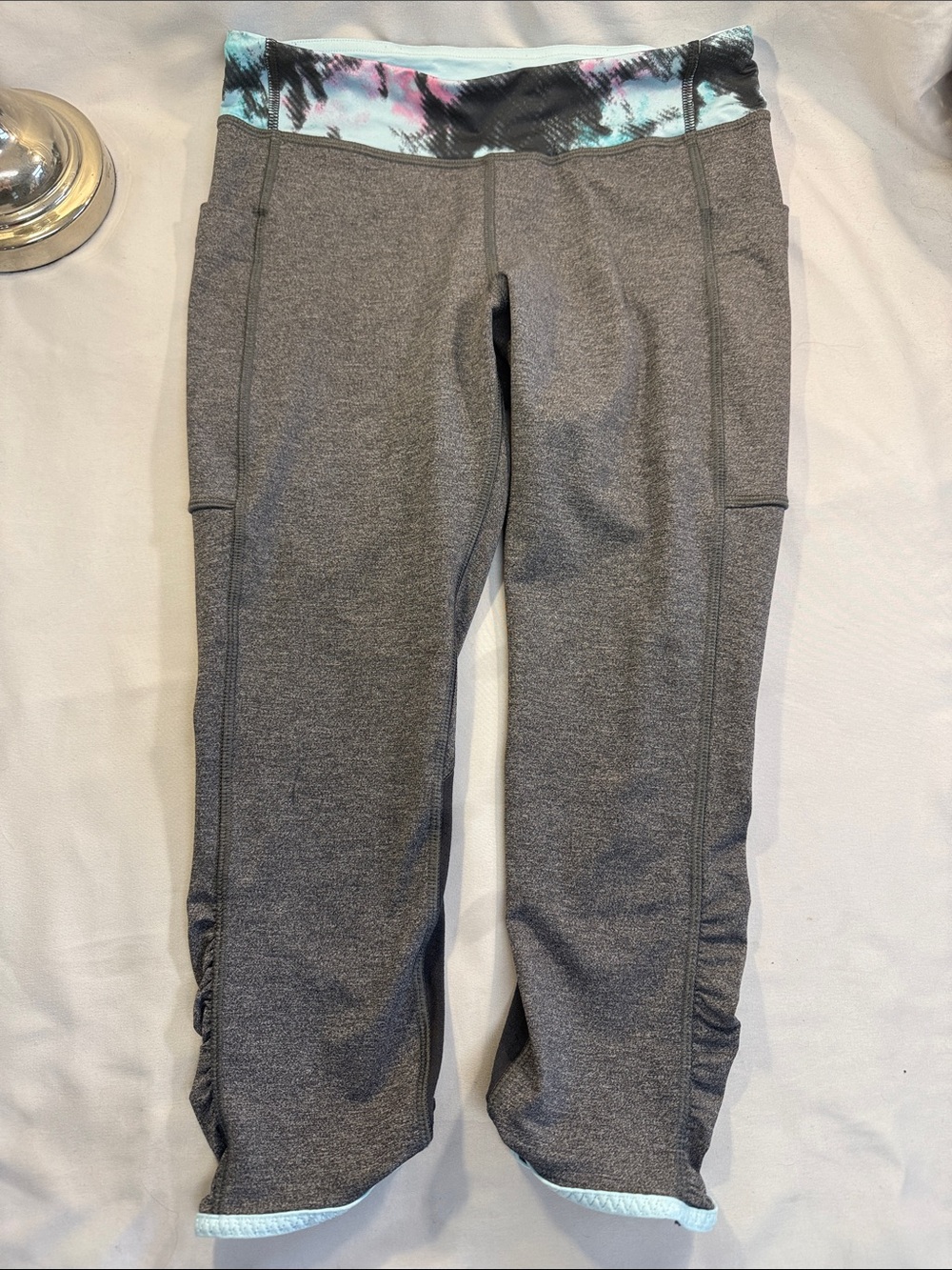 Ivivva Grey Cropped Leggings with Light Blue Tie-Dye Waistband